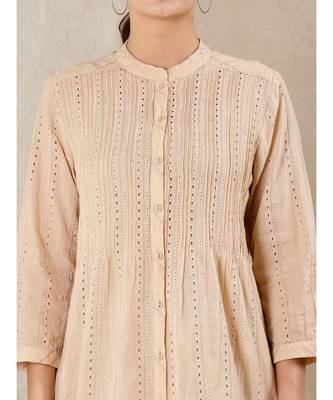 Beige cotton embroidered stitched  kurti &  pant &  scarf 5