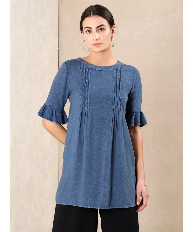 Blue Rayon  printed stitched  kurti
