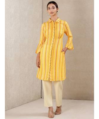 Yellow Rayon  printed stitched  kurti 1
