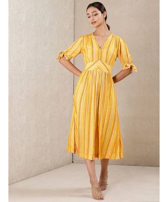 Yellow Rayon  printed stitched   dress 1