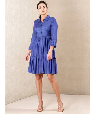 Blue silk printed stitched   dress 1