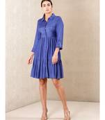 Blue silk printed stitched   dress