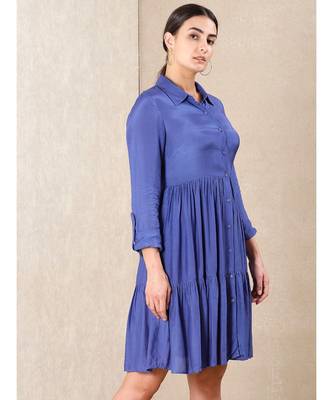 Blue silk printed stitched   dress 2