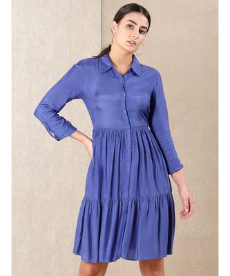 Blue silk printed stitched   dress 3