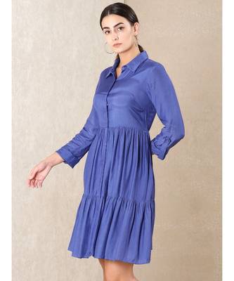 Blue silk printed stitched   dress 4