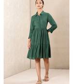 Green silk printed stitched   dress