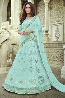 Blue Thread and Sequins embroidered georgette semi stitched lehenga