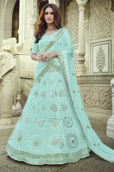 Blue Thread and Sequins embroidered georgette semi stitched lehenga