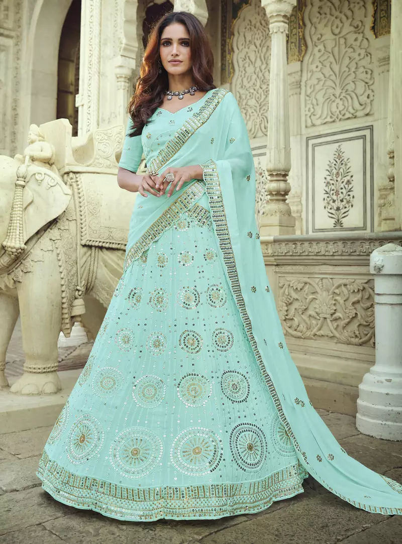 Blue Thread and Sequins embroidered georgette semi stitched lehenga