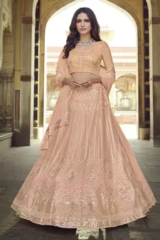 Peach Thread and Sequins embroidered georgette semi stitched lehenga