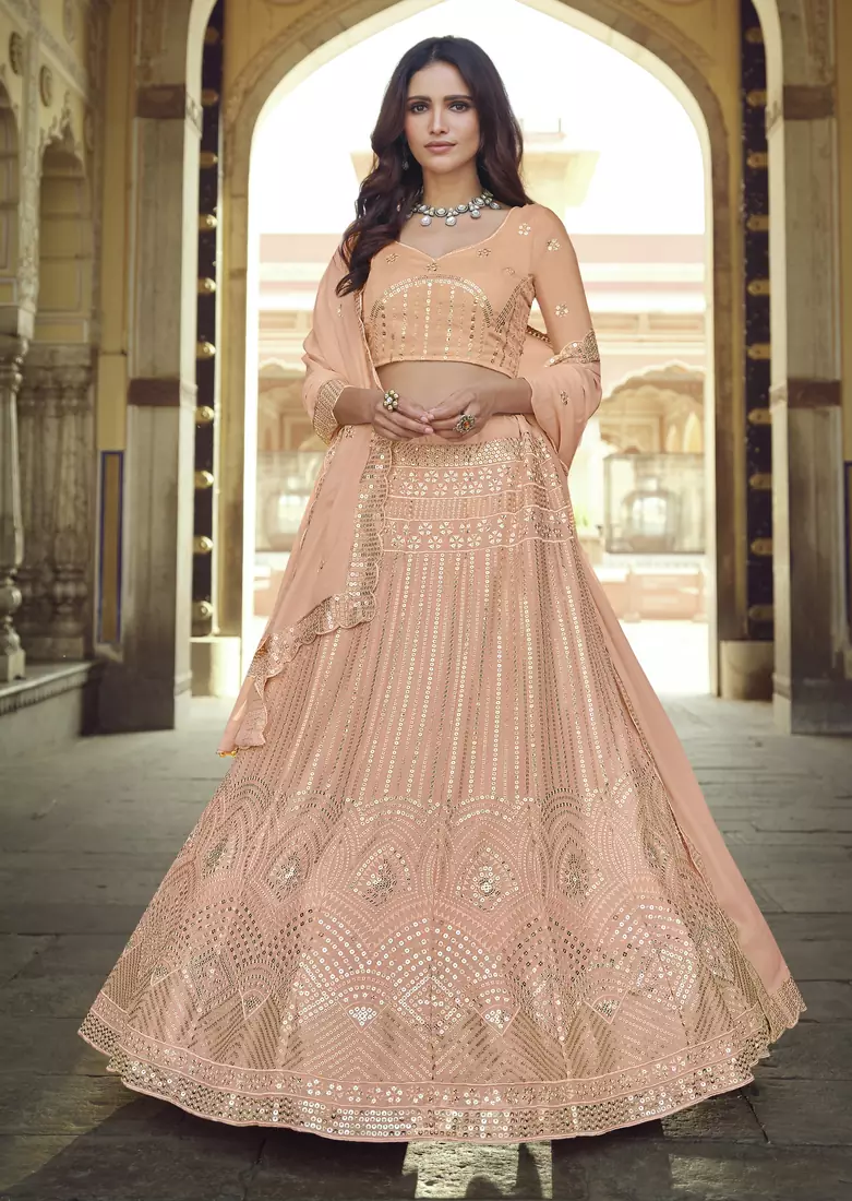 Peach Thread and Sequins embroidered georgette semi stitched lehenga