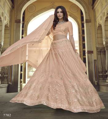 Peach Thread and Sequins embroidered georgette Semi Stitched Lehenga 4