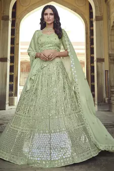 Green Thread and Sequins embroidered georgette semi stitched lehenga