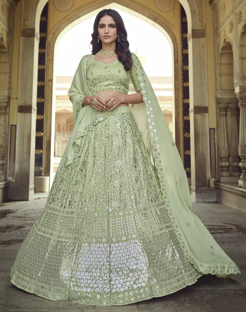 Green Thread and Sequins embroidered georgette semi stitched lehenga