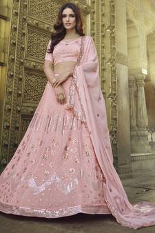 Peach Thread and Sequins embroidered georgette semi stitched lehenga