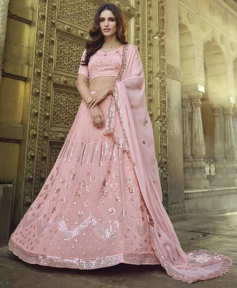 Peach Thread and Sequins embroidered georgette semi stitched lehenga
