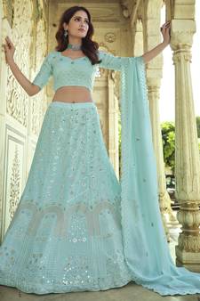 Blue Thread and Sequins embroidered georgette semi stitched lehenga