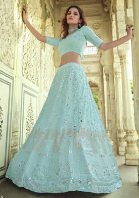 Blue Thread and Sequins embroidered georgette Semi Stitched Lehenga 4