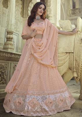 Peach Thread and Sequins embroidered georgette Semi Stitched Lehenga 1