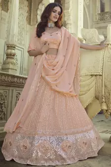 Peach Thread and Sequins embroidered georgette semi stitched lehenga