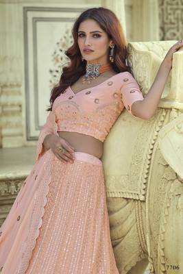 Peach Thread and Sequins embroidered georgette Semi Stitched Lehenga 3