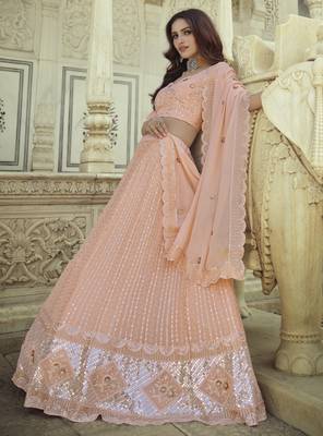 Peach Thread and Sequins embroidered georgette Semi Stitched Lehenga 4