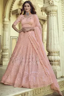 Pink Thread and Sequins embroidered georgette semi stitched lehenga