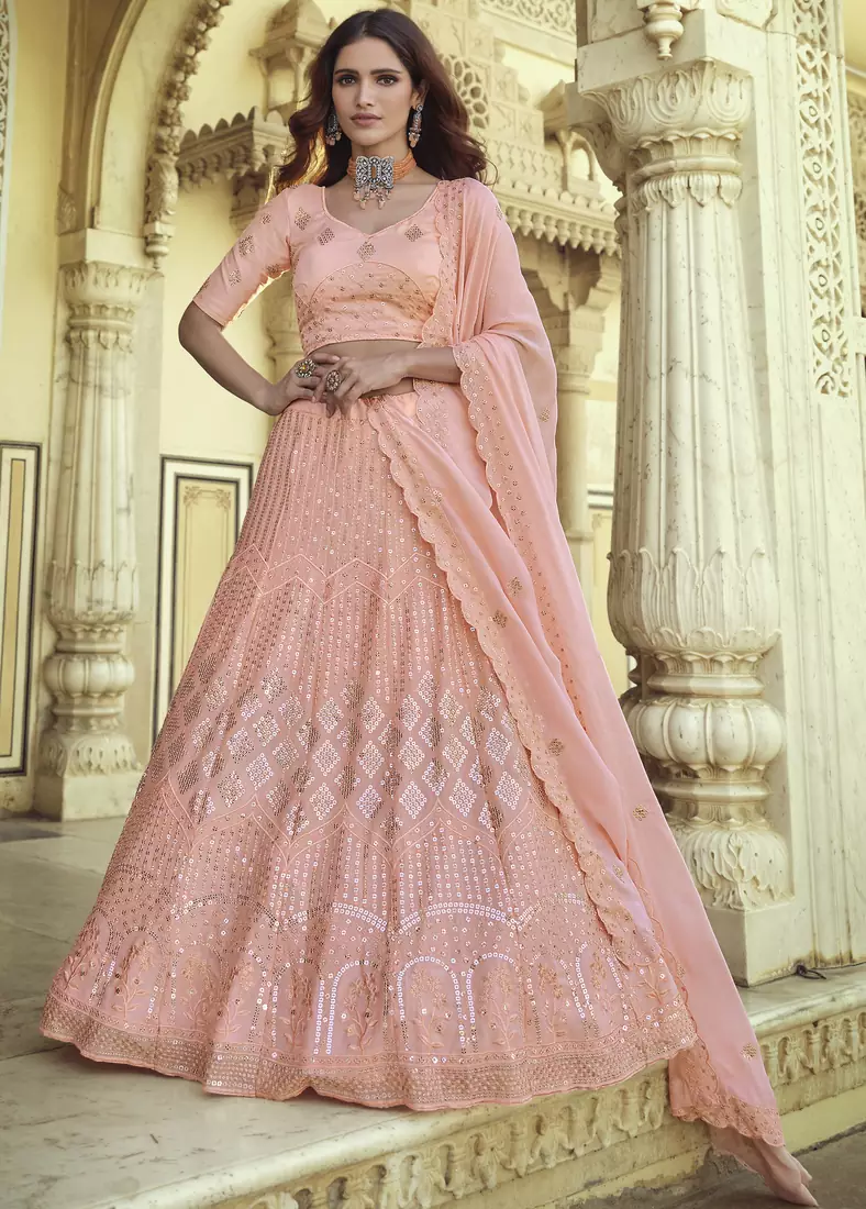 Pink Thread and Sequins embroidered georgette semi stitched lehenga