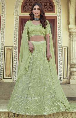 Green Thread and Sequins embroidered georgette Semi Stitched Lehenga 1