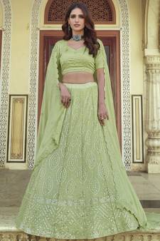 Green Thread and Sequins embroidered georgette semi stitched lehenga