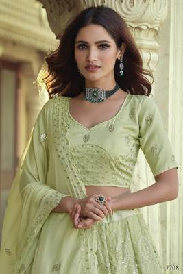 Green Thread and Sequins embroidered georgette Semi Stitched Lehenga 2