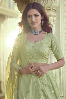 Green Thread and Sequins embroidered georgette Semi Stitched Lehenga 3
