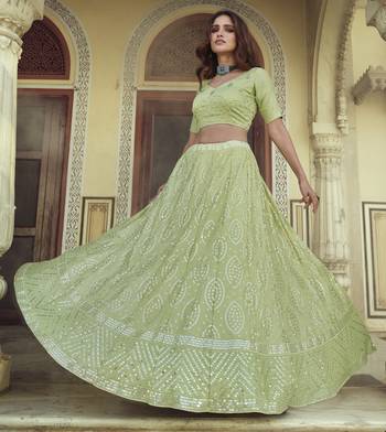 Green Thread and Sequins embroidered georgette Semi Stitched Lehenga 4