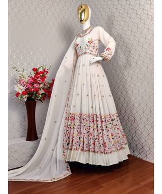 white faux georgette stitched embroidered top with dupatta 1