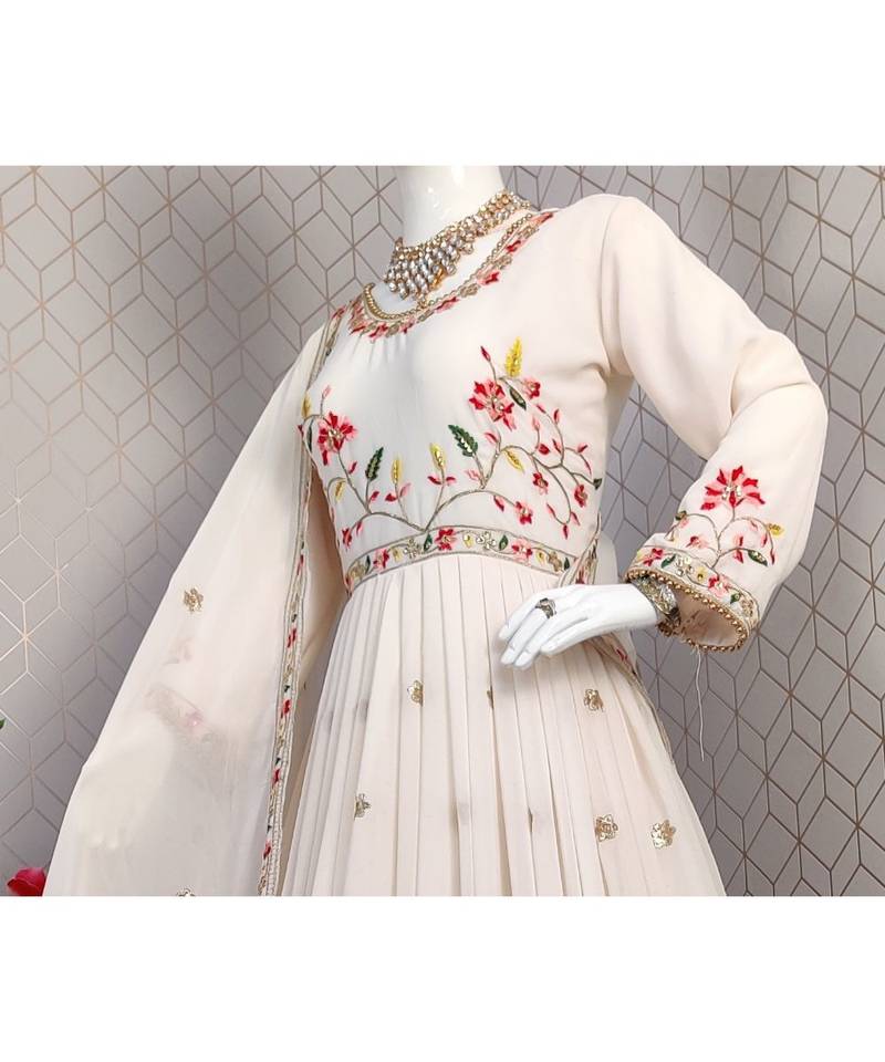 white faux georgette stitched embroidered top with dupatta