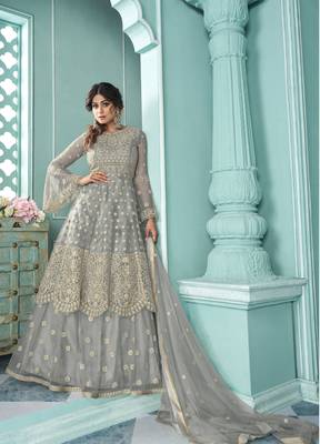 Grey Soft Net Indo western Style with Embroidery Work 1