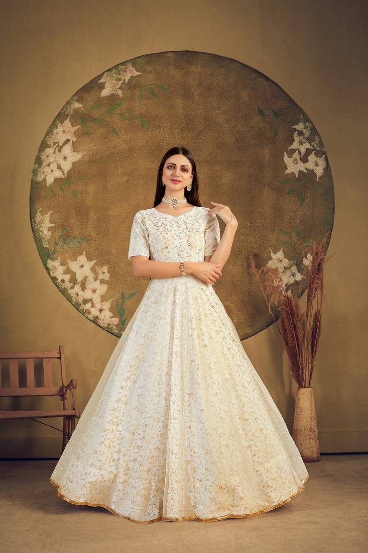 White taffeta semi stitched gown with inner - MESMORE - 3646494