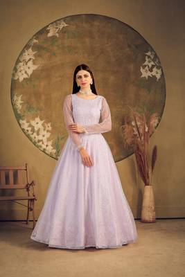 Voilet taffeta semi stitched  gown with inner 1