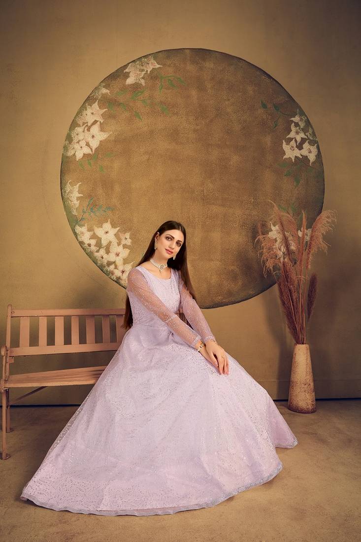 Voilet taffeta semi stitched  gown with inner