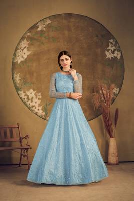 sky taffeta semi stitched  gown with inner 1