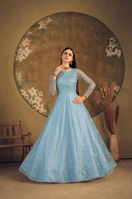sky taffeta semi stitched  gown with inner 3