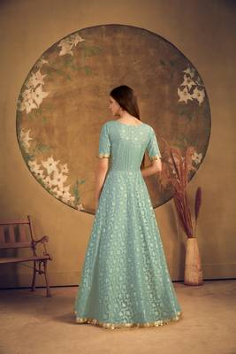 pista green taffeta semi stitched  gown with inner 2