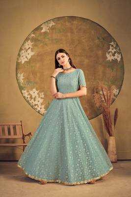 pista green taffeta semi stitched  gown with inner 3
