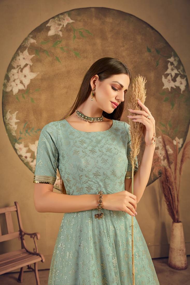 pista green taffeta semi stitched  gown with inner