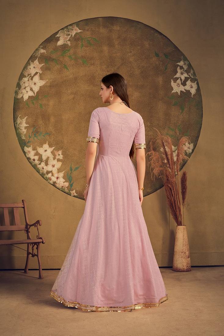 dusty pink taffeta semi stitched  gown with inner