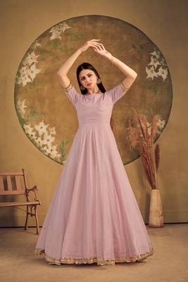 dusty pink taffeta semi stitched  gown with inner 3