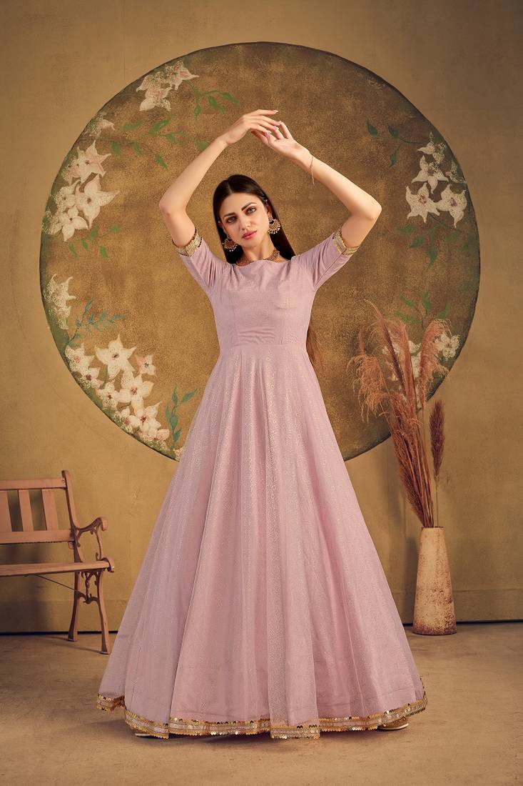 dusty pink taffeta semi stitched  gown with inner