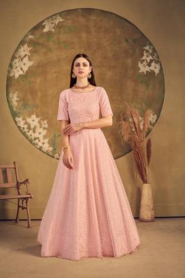peach taffeta semi stitched  gown with inner 1