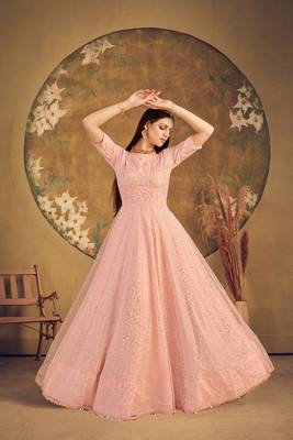 peach taffeta semi stitched  gown with inner 2