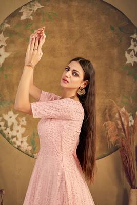 peach taffeta semi stitched  gown with inner 3